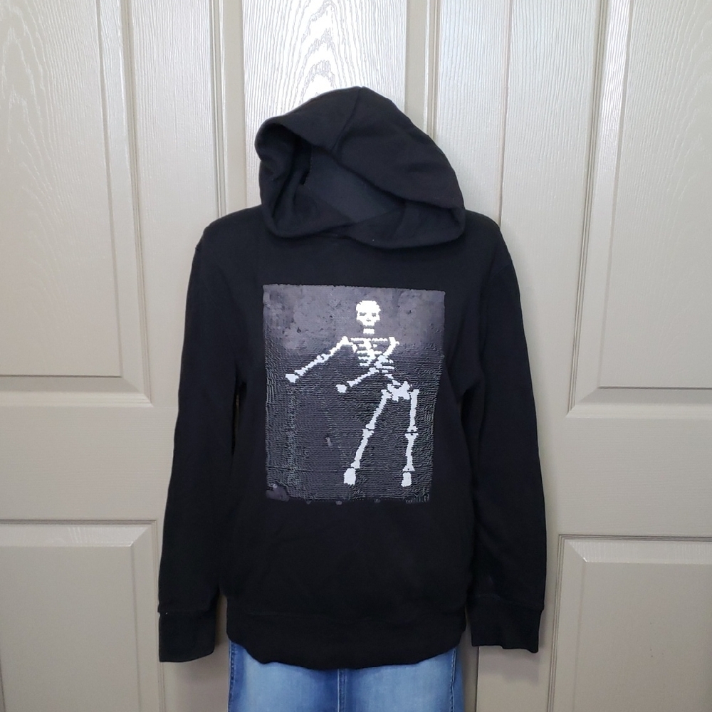 GAP Kids Black Sequin Reversible Skeleton Hoodie Size XXL Halloween